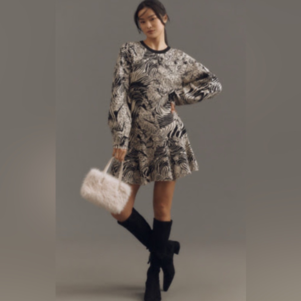 Anthropologie Ruffled Black and White Sweater Knit Dress